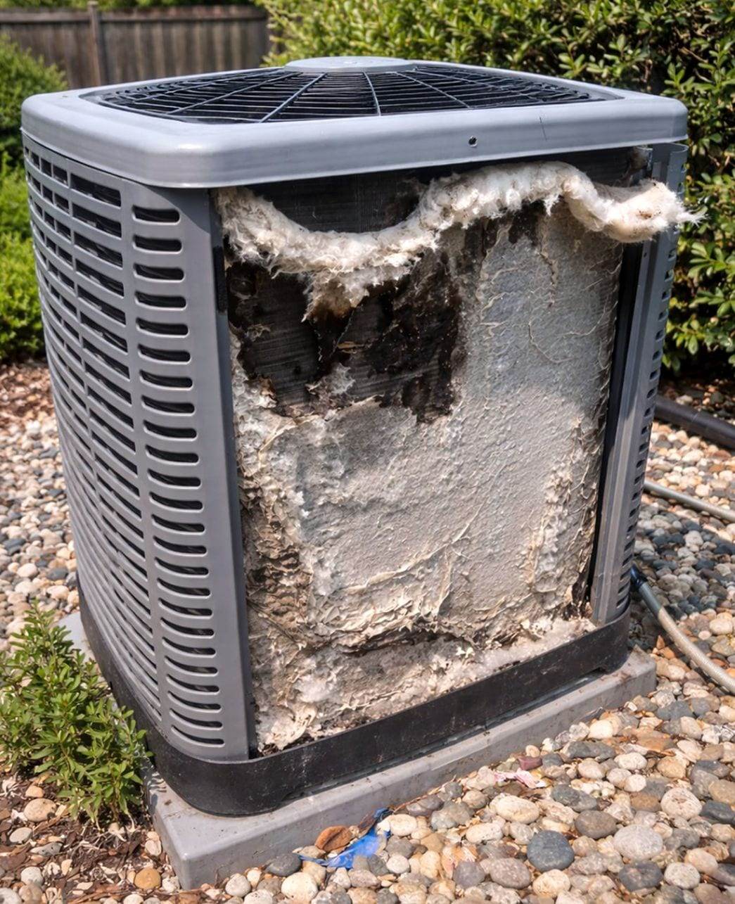 Outdoor central air conditioning condenser on a bed of stones, with the face of its coil matted over by a thick layer of fibrous debris